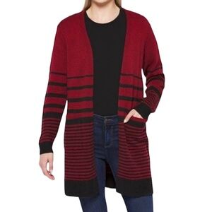 New Fortune + Ivy Striped Open Front Long Cardigan Sweater Red Black Size Small